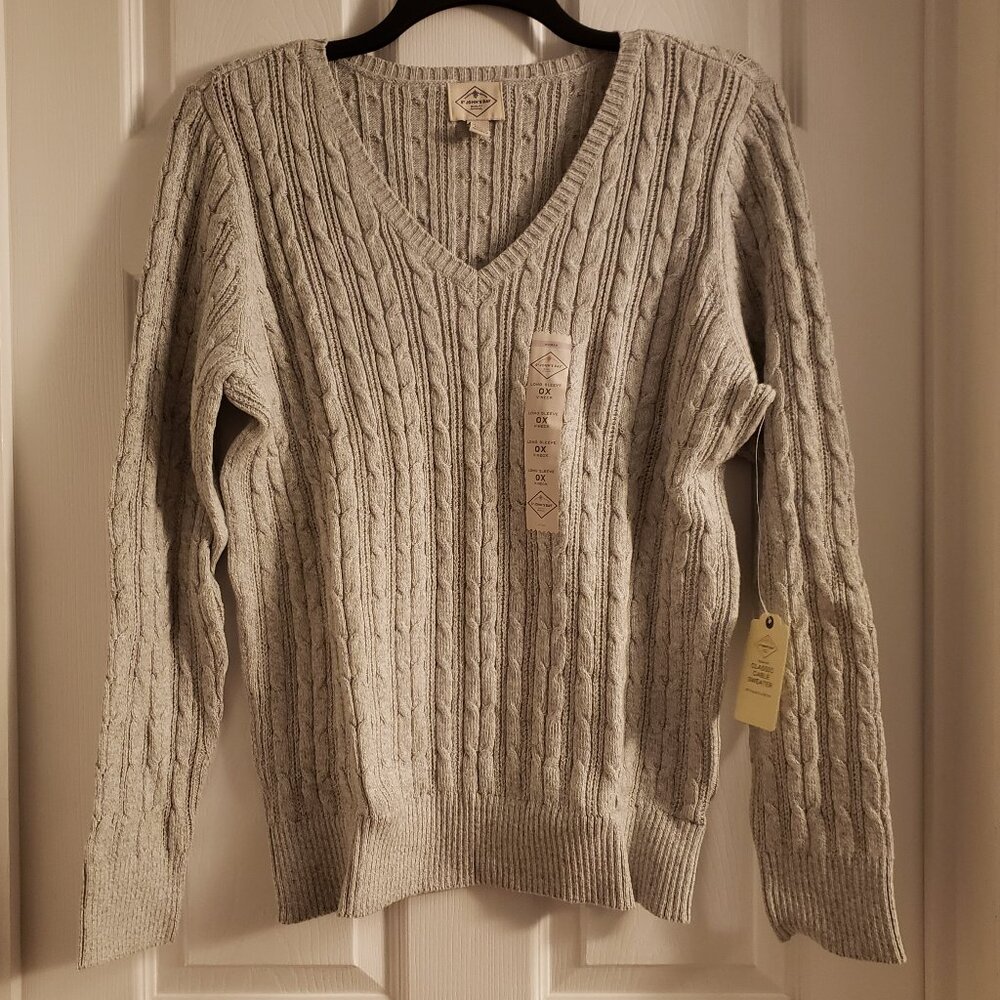 St. John's Bay Women's Light Gray V-neck Cable Knit Sweater Ladies 0X New NWT